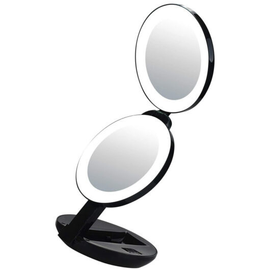 LED Lighted Travel Makeup Magnifying Mirror,Magnifies 10x and 1x, Luxury Double Side and Folding Pocket Vanity/Cosmetic Mirror (black)
