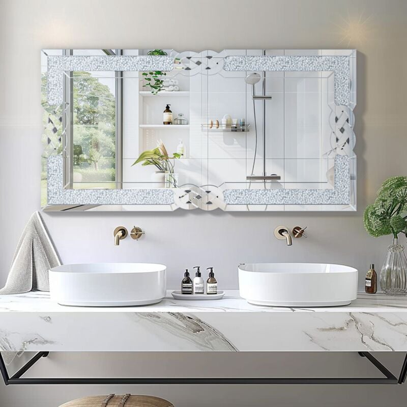 Large Bathroom Mirror Wall Mounted 3D Luxury Silver Wall Mirror Modern Artistic Mirror Hallway Decor, Rectangular 120cm x 60cm - Luvodi