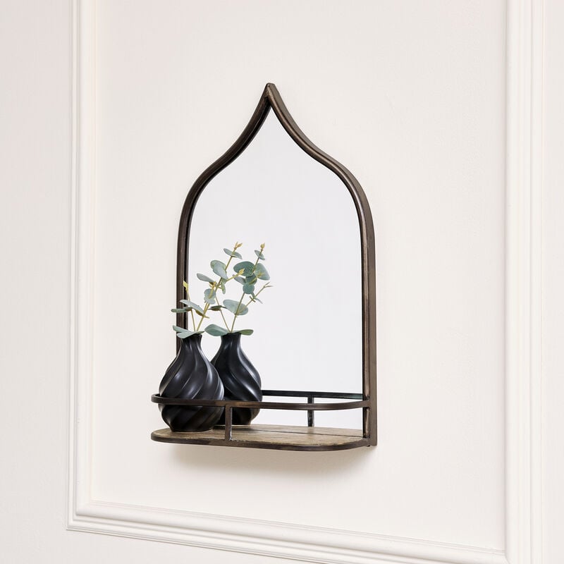 Melodymaison - Rustic Metal Arched Mirrored With Gold Shelf - 48cm x 30cm