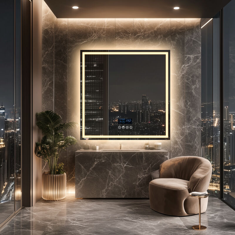 Smart led Illuminated Fog-free Large Bathroom Mirror with Bluetooth Speakers, Time and Date Digital Display - Square 800mm x 800mm