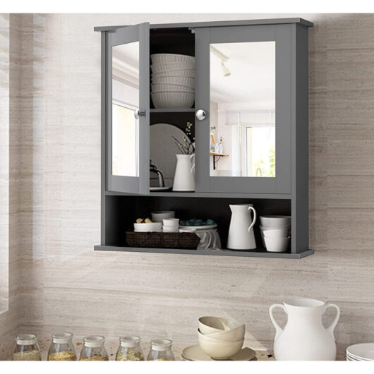 Wall mounted bathroom cabinets,Double Door Mirrored Bathroom Cabinet Storage Shelf Cupboard Makeup Shaving Unit Grey