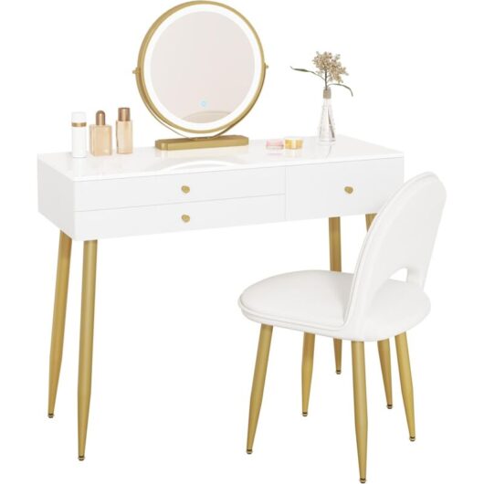 Woltu - Dressing Table with led Lights Mirror, Vanity Makeup Table Set with Adjustable Brightness Mirror, Velvet Stool and Free Make-up Organizer, 3