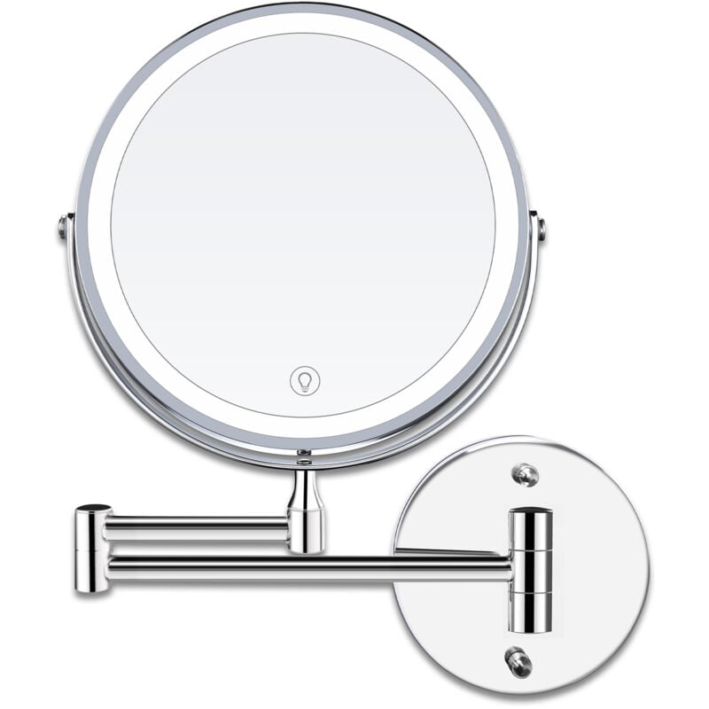 8 Inch led Wall Mounted Makeup Mirror Lighted Magnifying Mirror, 1x/10x Magnification usb Rechargeable 3 Colors Adjustable, 360° Rotation Retractable