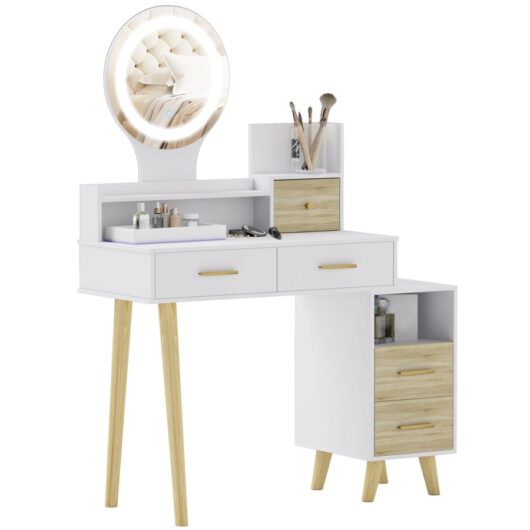 HOMCOM Dressing Table with Mirror, Vanity Table with Adjustable LED Lights, Makeup Desk with 5 Drawers and 5 Shelves, White