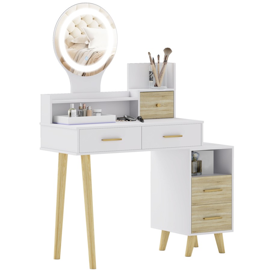 HOMCOM Dressing Table with Mirror, Vanity Table with Adjustable LED Lights, Makeup Desk with 5 Drawers and 5 Shelves, White