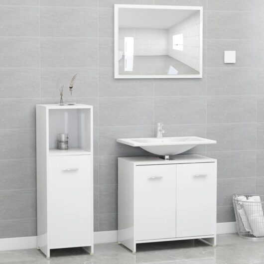 Pecos High Gloss 3 Piece Bathroom Furniture With Mirror In White