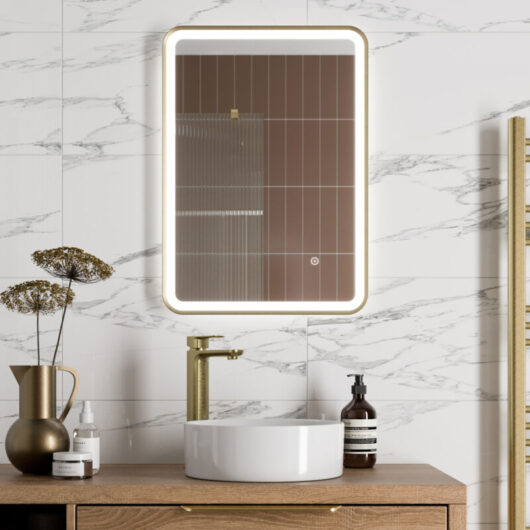Rectangular led Mirror Touch Bathroom Demister Mains Brushed Brass 500x700mm - Aquari