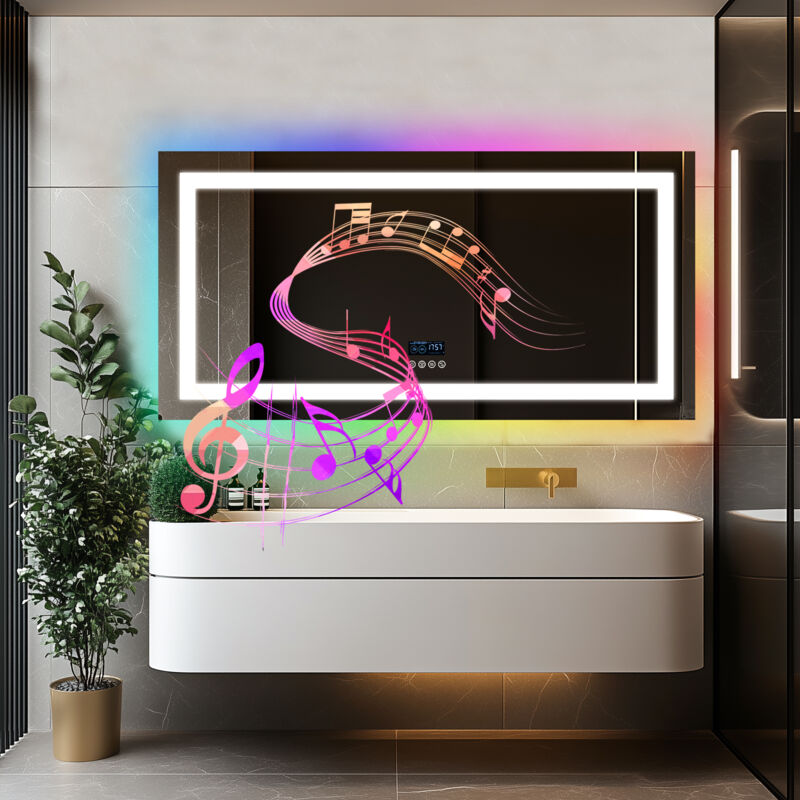 Rgb Colorful Smart led Illuminated Fog-free Extra Large Bathroom Mirror with Bluetooth Speakers, Time and Date Digital Display - Rectangular 1200mm x