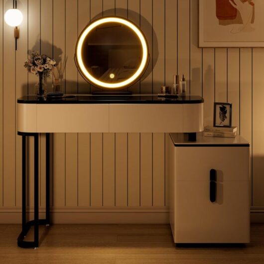 WOLTU Dressing Table & Mirror Set 4 Drawer W/Side Cabinet, White+Black