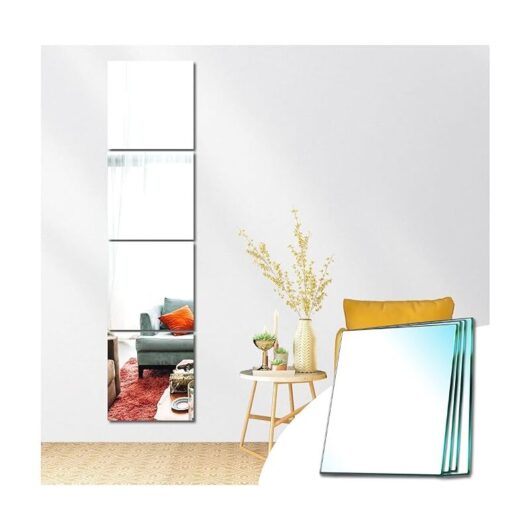 Wall Mirror Self Adhesive Glass Rectangle Decorative Mirror Sticker Home Decor for Bedroom Living Room Door (Normal Cut, 30x30cm, 4 Pack) - Ahlsen