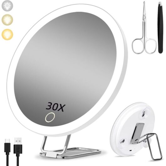 Lablanc - 30X Magnifying Mirror with Light, 15cm 3 Color Modes Dimming 30X Lighted Makeup Mirror, Large Rechargeable Travel Magnifying Mirror with 3