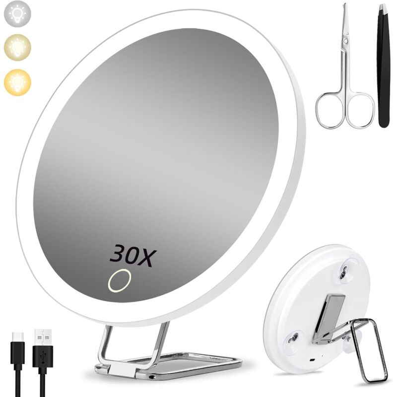 Lablanc - 30X Magnifying Mirror with Light, 15cm 3 Color Modes Dimming 30X Lighted Makeup Mirror, Large Rechargeable Travel Magnifying Mirror with 3